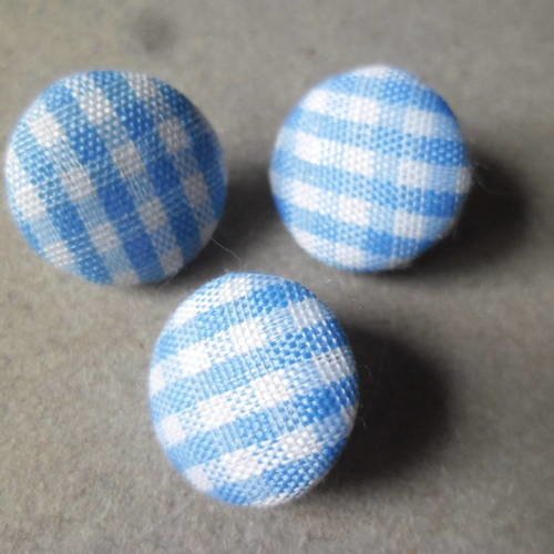 X 10 boutons rond recouvert de tissu vichy bleu/blanc 15 mm 