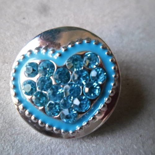 X 1 bouton pression(bijou)rond motif coeur strass bleu 19 mm 