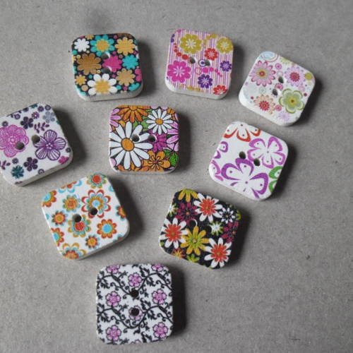 X 5 mixte boutons bois carré motif fleur multicolore 2 trous 19 x 19 mm 