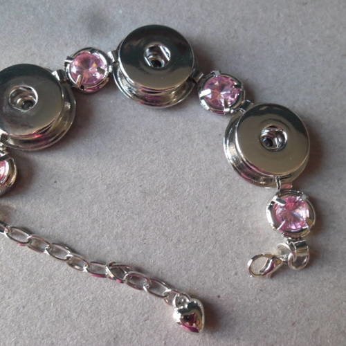 X 1 bracelet pour bouton pression strass cristal rose fermoir mousqueton argenté 16,5 cm 