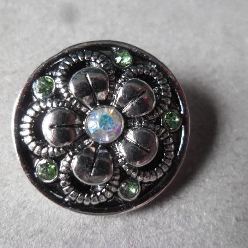 X 1 bouton pression(bijou)rond motif fleur strass blanc ab/vert argent vieilli 20 mm 