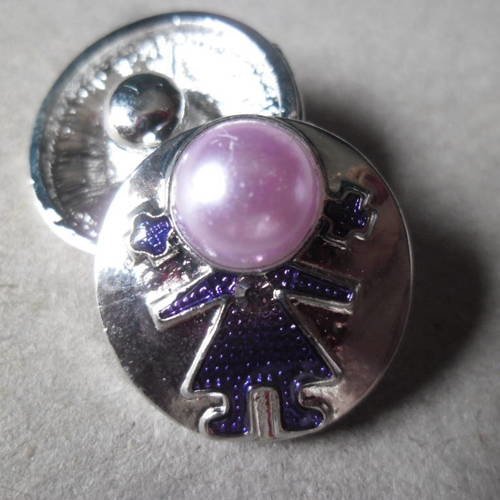X 1 bouton pression(bijou)rond motif fille perle/émail violet contour argenté 19 mm 