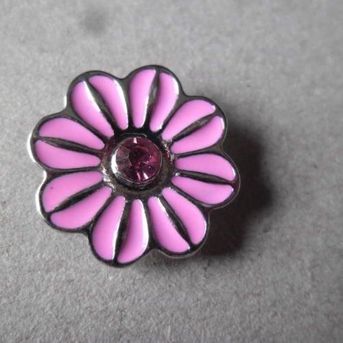 X 1 bouton pression(bijou)fleur émail/strass rose argenté 20 mm 