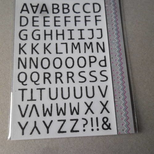 X 1 planche de tickers autocollants lettre/alphabet noir pailleté 12 mm 