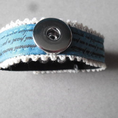X 1 bracelet tissu bleu motif lettre pour bouton pression argenté 22,5 cm 
