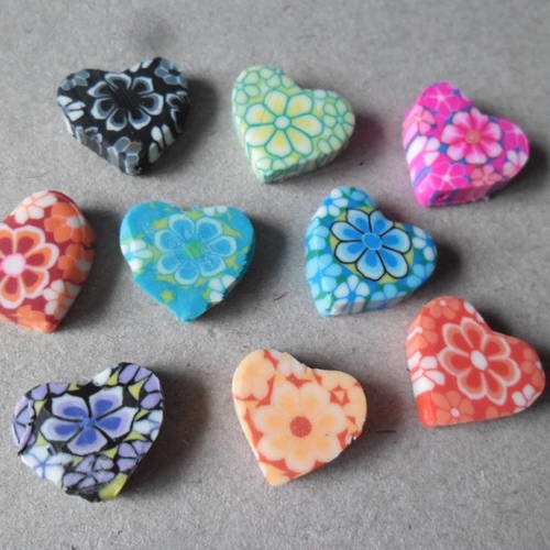 X 10 mixte perles coeur pâte polymère à motif fleur multicolore 15 x 13 mm 