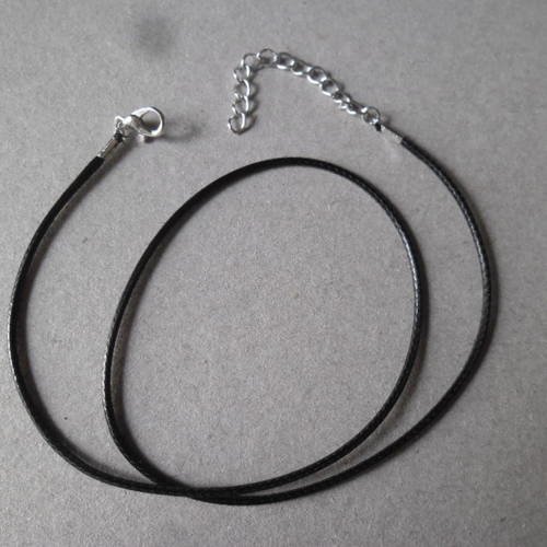X 2 colliers cuir noir 1,5 mm fermoir mousqueton+chainette d'extension argenté 46 cm 