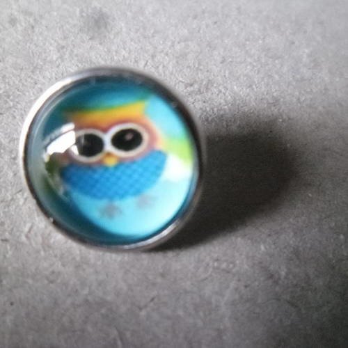 X 1 mini bouton pression(bijoux)verre dome motif hibou ton bleu argenté 12 x 8 mm 