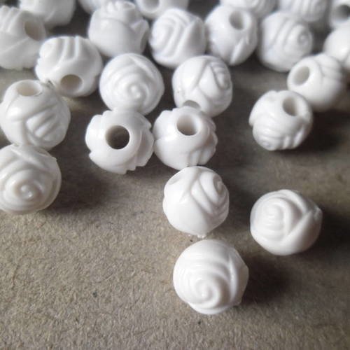 X 50 perles intercalaires ronde motif fleur blanc acrylique 6 mm 