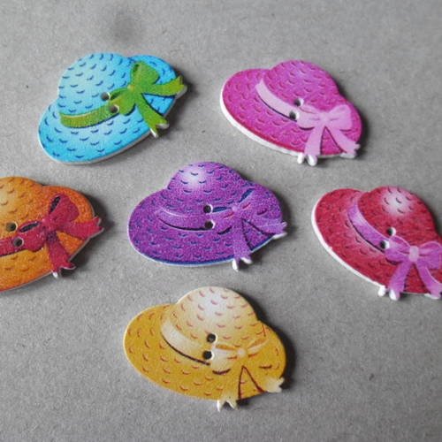 X 5 mixte boutons bois motif chapeau multicolore 2 trous 30 x 20 mm 