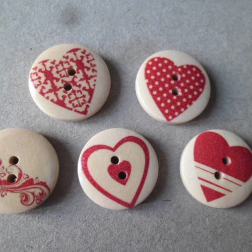 X 5 mixte boutons bois rond motif coeur/fleur rouge 2 trous 20 mm 