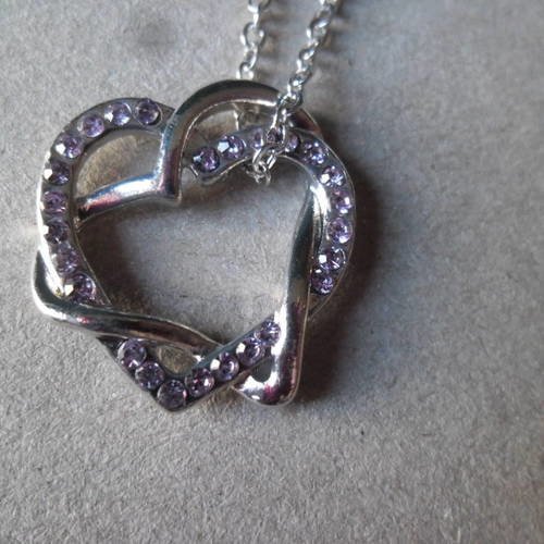 X 1 collier chaine argent+pendentif double coeur strass cristal mauve argenté 40 cm 