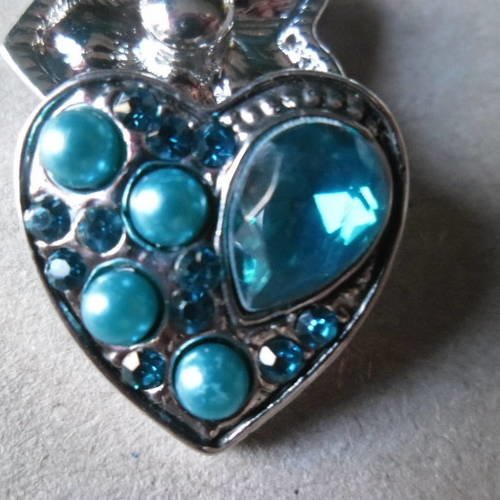 X 1 bouton pression(bijoux)coeur strass/perle bleu argenté 22 x 22 mm 