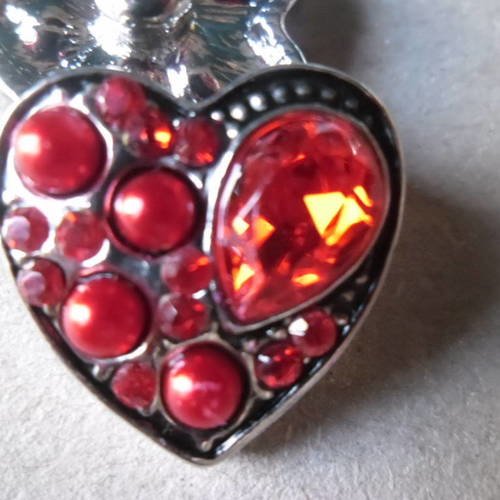 X 1 bouton pression(bijoux)coeur strass/perle rouge argenté 22 x 22 mm 