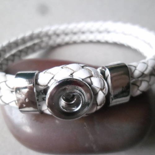 X 1 bracelet cuir pu tressé blanc pour mini bouton pression argenté 20 cm 