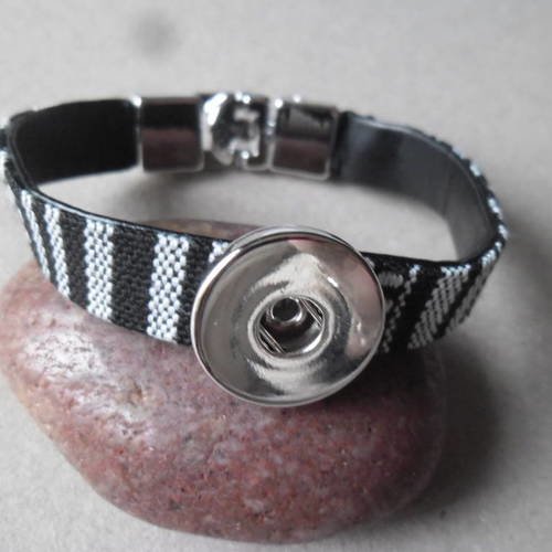 Nouveauté x 1 bracelet tissu noir/blanc pour bouton pression fermoir argenté 20 cm 