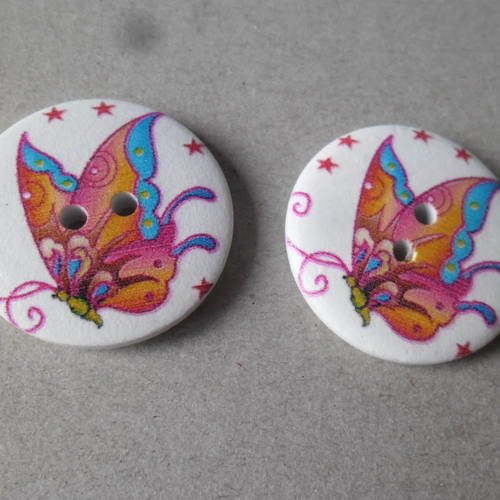 X 5 boutons rond motif papillon multicolore 2 trous résine 30 mm 