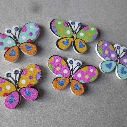 X 5 mixte boutons bois forme papillon à motif multicolore 2 trous 30 x 20 mm 