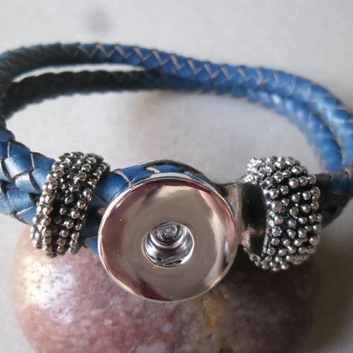 X 1 bracelet tissé cuir bleu foncé pour bouton pression argenté 22 cm 