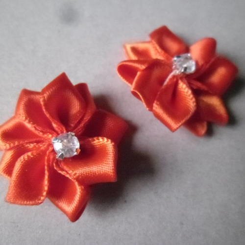 X 2 embellissements fleur ruban satin orange avec strass 
