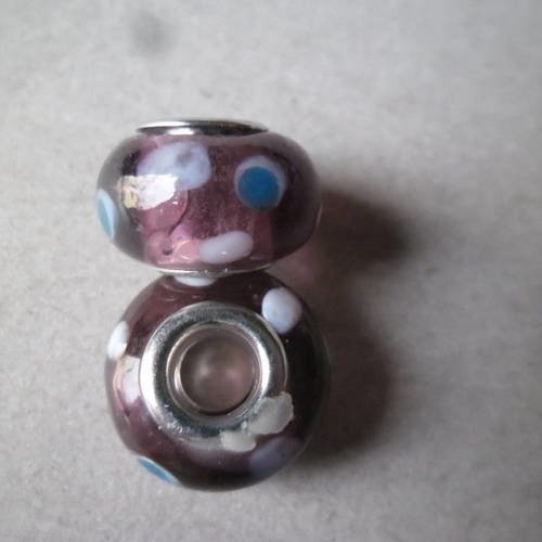 X 2 perles verre lampwork violet motif oeil ton bleu/blanc argenté 15 x 10 mm 