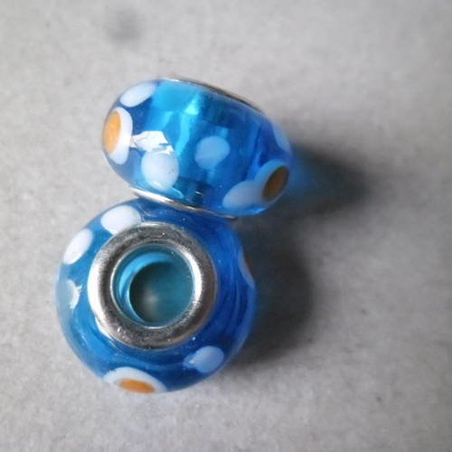 X 2 perles verre lampwork bleu motif oeil ton orange/blanc argenté 15 x 10 mm 