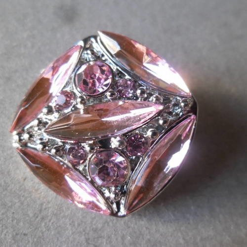 X 1 bouton pression(bijoux)carré strass rose argenté 22 x 22 mm 