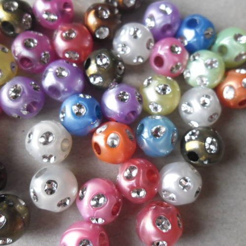 X 10 mixte perles rondes multicolore motif pois argenté brillant acrylique 10 mm 