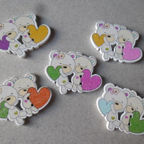 X 5 mixte boutons bois forme couple d'ourson motif coeur multicolore 2 trous 32 x 25 mm 
