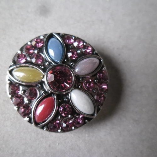 X 1 bouton pression(bijou)forme fleur strassrose/demi-perle multicolore argenté 20 mm 