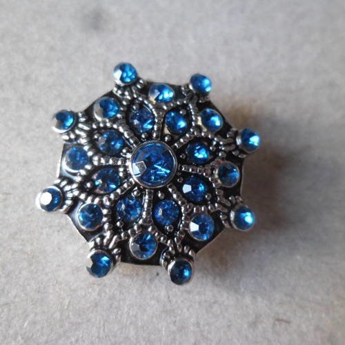 X 1 bouton pression(bijou)forme fleur strass bleu paon argenté 22 mm 