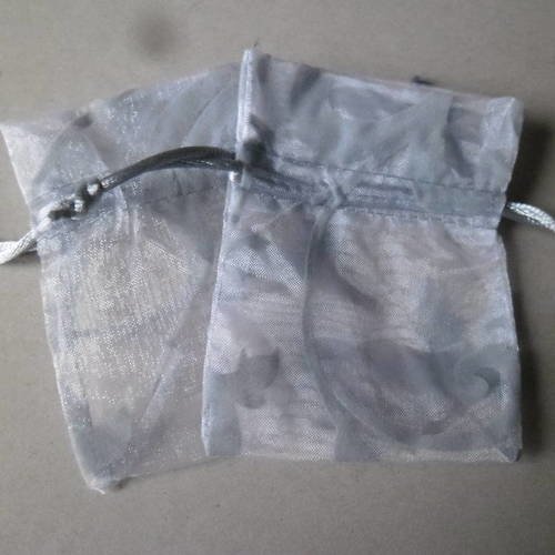 X 6 sachets/pochette cadeaux organza gris motif fleur velours 9,5 x 8 cm 