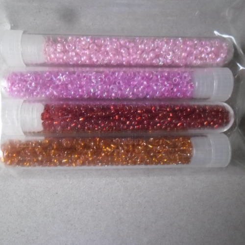 X 4 mixte tubes perles de rocaille ton rose/rouge/orange 