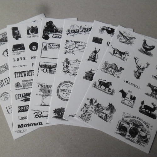 X 6 mixte planches de stickers autocollants à divers motifs noir/blanc 