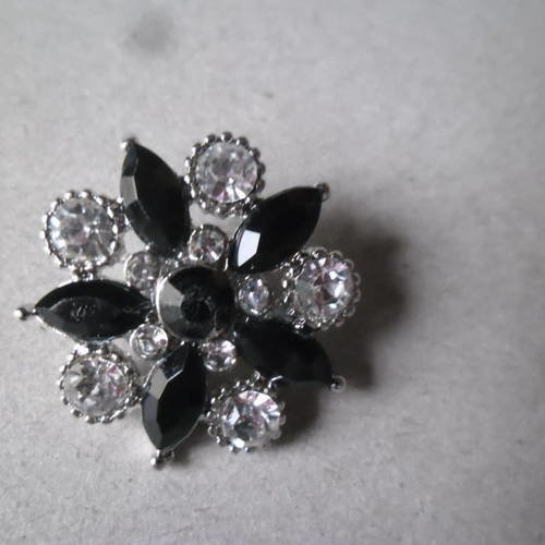 X 1 bouton pression(bijou)strass fleur noir/blanc argenté 24 mm 