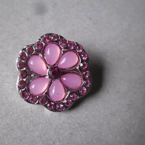 X 1 bouton pression"bijou"forme fleur strass rose/rouge argenté 22 mm 