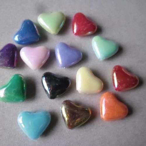 X 10 mixte perles forme coeur multicolore reflet ab acrylique 15 x 13 mm 