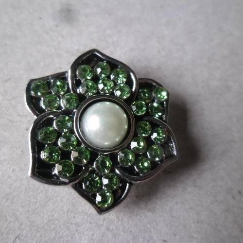 X 1 bouton pression(bijoux)forme fleur strass vert/blanc argenté 22 mm 