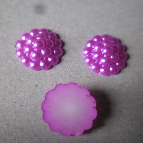 X 20 demi-perle forme rond motif fleur fuchsia/violet à coller acrylique 14 mm 