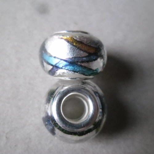 X 5 perles verre rondes lampwork fond argenté à motif trou argenté 15 x 10 mm 