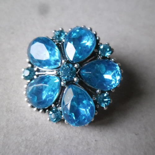 X 1 bouton pression bijou click fleur strass bleu argenté 2,1 cm 