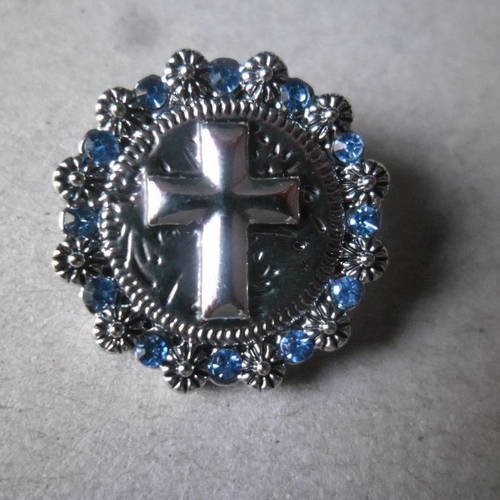 X 1 bouton pression"bijou"click croix motif fleur strass bleu argenté 2 x 2 cm 