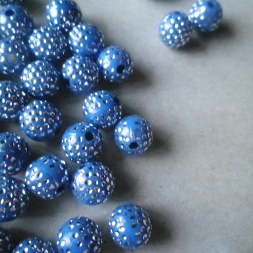 X 20 perles rondes bleu effet strass blanc acrylique 8 mm 