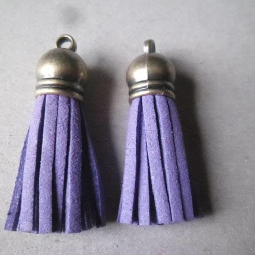 X 2 pendentifs pompon suédine violet gland plastique bronze 35 mm 