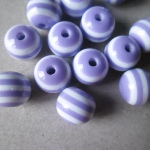 X 10 perles spacer ronde rayure violette/blanche résine 10 mm 