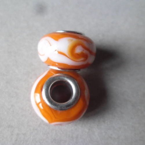 X 2 perles lampwork verre orange rayé blanc noyau argenté 15 x 10 mm 
