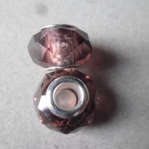 X 2 perles européen verre mauve à facettes noyau argenté 15 x 8 mm 