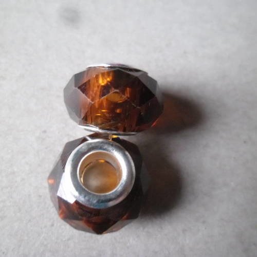 X 2 perles verre marron à facettes lampwork noyau argenté 14 x 10 mm 