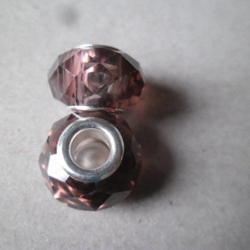 X 2 perles verre rose/violet à facettes lampwork noyau argenté 14 x 10 mm 