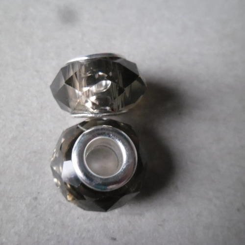 X 2 perles verre grise à facettes lampwork noyau argenté 14 x 10 mm 